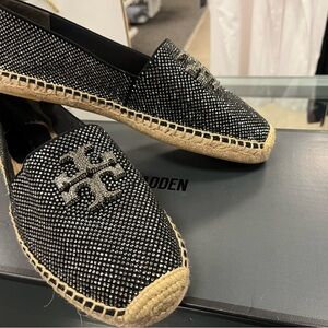 Tory Burch Everly Suede Black Espadrilles with Rhinestones